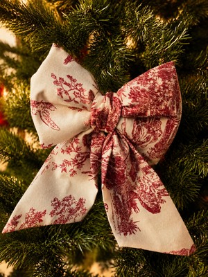 Beige & Stone Mini Boy Bordo Desenli Kumaş Fiyonk Yılbaşı Çam Ağacı Süsü Dekoratif Kurdele Noel ve Yeni Yıl Süsü 16 cm