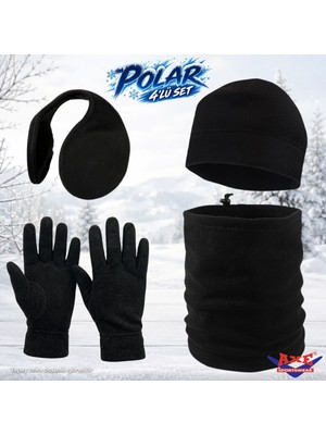 Axe Sportswear Kışlık Siyah Sıcak Tutan Bileği Sıkmayan Manşetli Katlamalı Termal Polar Eldiven Bere Boyunluk Kulaklık 4'lü Set