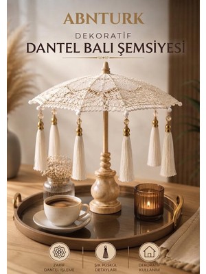 Abnturk Masaüstü Dantelli Püsküllü Dekoratif Sunum Bali Şemsiyesi