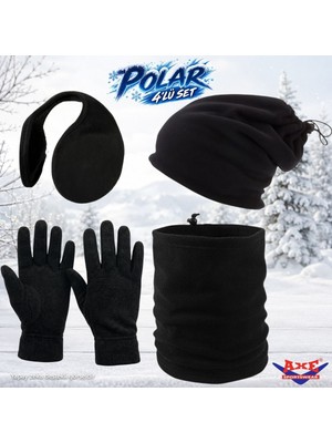Axe Sportswear Kışlık Siyah Sıcak Tutan Bileği Sıkmayan Manşetli Katlamalı Termal Polar Eldiven Bere Olabilen Boyunluk Kulaklık 4'lü Set