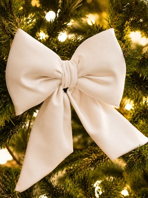 Beige & Stone Mini Boy Beyaz Kumaş Fiyonk Yılbaşı Çam Ağacı Süsü Dekoratif Kurdele Noel ve Yeni Yıl Süsü 16 cm