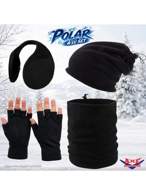 Axe Sportswear Kışlık Siyah Sıcak Tutan Bileği Sıkmayan Manşetli Katlamalı Termal Parmaksız Kesik Polar Eldiven Bere Olabilen Boyunluk Kulaklık 4'lü Set Takım