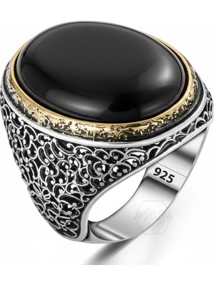 Modasilvers 925 Ayar Gümüş Oval Oniks Taşlı Telkari Tasarım Erkek Yüzük