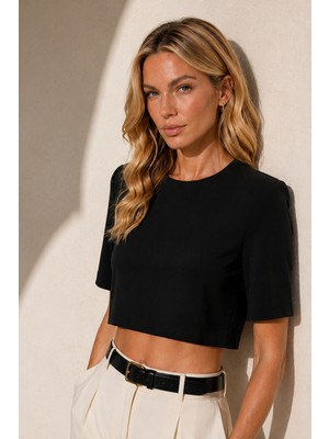 Luzar Basic Vatkalı Crop Bluz Fermuarlı Floş Viskon Pamuk Karışımlı