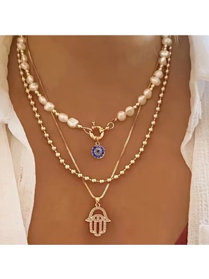 Takıtolia Tılsım Model Barok Incili, Nazar ve Hamsa Figürlü 3'lü Gold Kombin Kolye