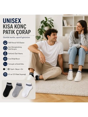 S'82 Unisex Çizgili Kısa Konç Patik Çorap 12 Çift, %85 Pamuklu Geri Dönüştürülmüş Iplik, Parfümlü Ince Dikişli, Siyah Beyaz Gri Günlük Spor Çorabı