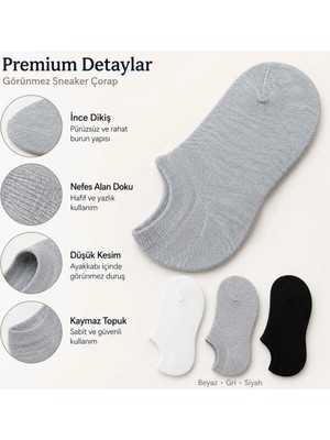 S'82 Erkek Geri Dönüşüm Iplikli 6’lı Görünmez Sneaker Çorap, Ince Dikişli, Nefes Alan Yazlık Babet Çorabı, Kaymaz Topuklu Siyah Gri Beyaz