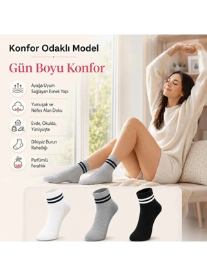 S'82 Unisex Çizgili Kısa Konç 12’li Bilek Çorabı, %80 Pamuklu Parfümlü, Dikişsiz Burun, Siyah Beyaz Gri, Yumuşak Günlük Spor Çorap