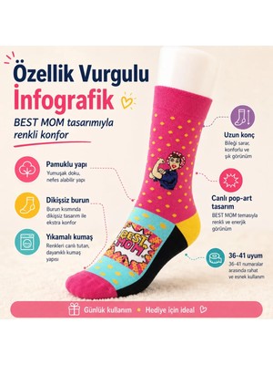 S'82 Best Mom Kadın Çorabı 36-40 Pamuklu Dikişsiz Burun Pop Art Desenli Renkli Soket Hediyelik Çorap
