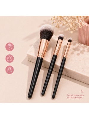 Haneliya 3’lü Makyaj Fırçası Seti Siyah Rose Gold – Yüz, Göz ve Detay Makyaj Fırçaları