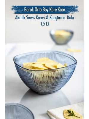 Akrilik Barok Lacivert Orta Boy Kare Meyve & Salata Kasesi & Karıştırma Kabı / 1,5 Lt (Cam Değildir)