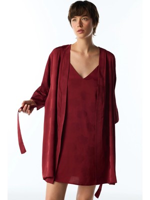 Penti Bordo Orquidea Saten Çiçekli 3/4 Kollu Sabahlık