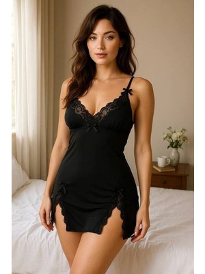 Intive Lingerie Kadın Siyah Dantel Detaylı Fantezi Gecelik