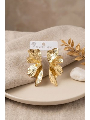 Gees Global  316L Çelik Gold Renk Lotus Yaprak Model Kadın Küpe