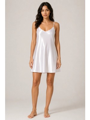 Beyaz Saten Mini Gecelik Zarif Kadın Gece Elbisesi Mery Woman