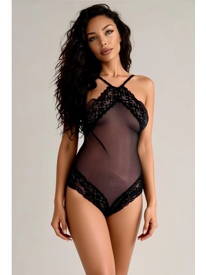 Kadın Siyah File Görünümlü Tül Bodysuit Özel Tasarım Mery Woman