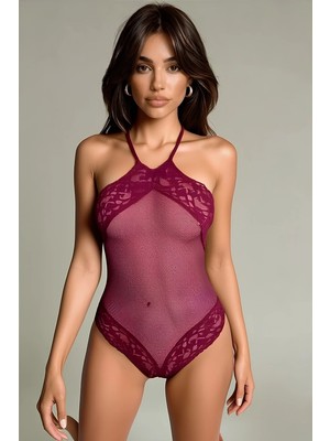 Kadın Bordo Dantel Işlemeli Şık Bodysuit Mery Woman