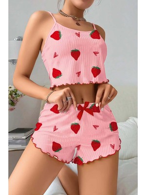 Efem İç Giyim Pembe Pamuklu Çilek Desenli Fırfırlı Şortlu Pijama Takımı Rahat Gecelik