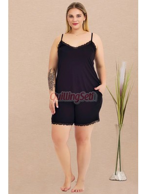 Quilling Siyah Renk Askılı Yaka Lady 10445 Şortlu Büyük Beden Anne Pijama Takımı