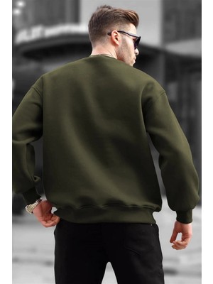 Tarz Yeri Erkek Düz Bisiklet Yaka 3 Iplik  Sweatshirt - Yeşil