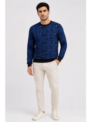 Zenviaa Erkek Siyah Mavi Yazı Desenli Iki Iplik Şardonlu Sweatshirt ZENVIAAC12