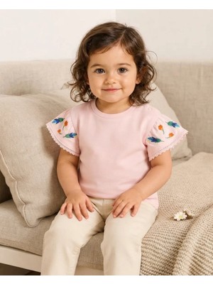 Tuffy Açık Pembe – Kız Bebek Çiçek Nakışlı Kısa Kollu Beyaz T-Shirt