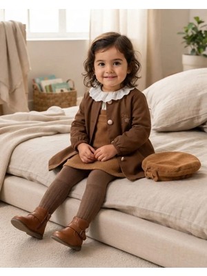 Miss Pallone Kız Bebek Kışlık Kahverengi Fiyonk Detaylı Şapkalı Takım