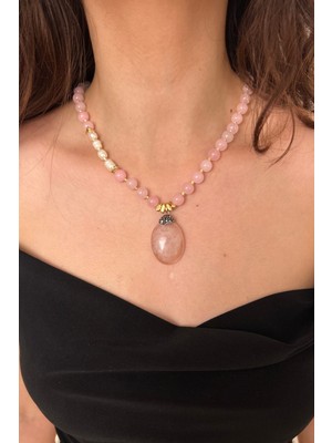 Suerte Accessories Pembe Kuvars Doğal Taş Mayorka Inci Detaylı Pembe Kuvars Doğaltaş Uçlu El Yapımı Özel Tasarım Kolye