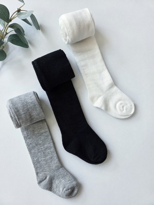 Panfilia Pamuklu Siyah Krem Gri  Külotlu Çorap 3'lü Set / Kız Erkek Bebek Çocuk