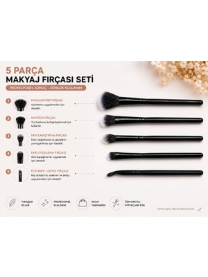 Haneliya 5’li Makyaj Fırçası Seti Siyah – Highlighter, Kontür, Far Karıştırma, Far ve Eyeliner Fırçası