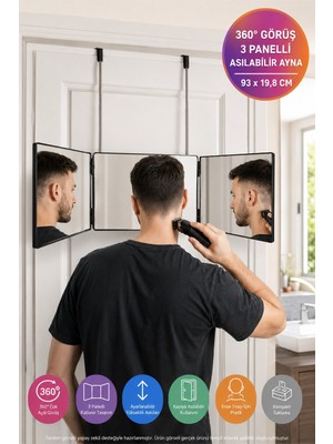 Toyfest 360° Görüşlü 3 Panelli Asılabilir Makyaj Tıraş Saç Kesim Aynası Katlanır Ayarlanabilir 93x19,8 cm