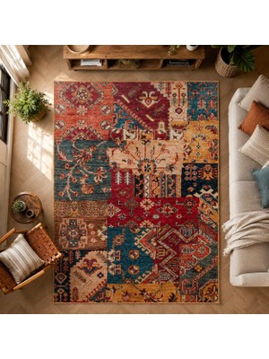 Etnik Home Elısta Vıntage  205 Multy Vintage Tasarımlı Yumuşak Bukle Dokuma Kaymaz Tabanlı Yıkanabilir Modern Halı
