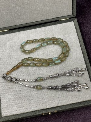 Onurlu Tesbihane Alpaka Çift Kamçılı Sedef Simli Ateş Kehribar Tesbih (Bal-Nane, 7X11 Mm)