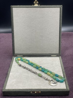 Onurlu Tesbihane Alpaka Bozkurt Uçlu Katalin Tesbih (Turkuaz-Krem, 7X11 Mm)