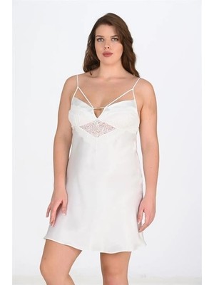Toyigoo Premium Büyük Beden Saten Işlemeli Dantelli Gecelik Bigsize - Ekru - KLBN22649 KLBNR4I-TYGOO456