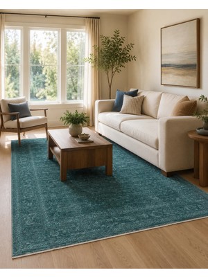 Etnik Home Shıraz 03 Turquoıse Vintage Eskitme Desenli Modern Yumuşak Dokulu Makine Halısı