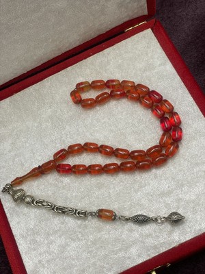 Onurlu Tesbihane Alpaka Kral Zincir Püsküllü Turuncu Tonları Ateş Kehribar Tesbih (7X11 Mm)
