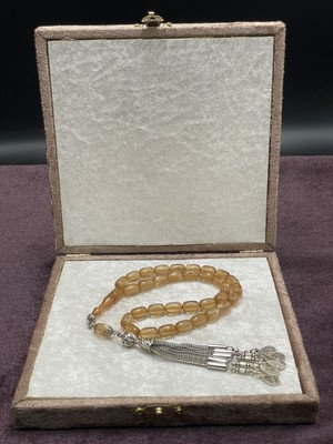 Onurlu Tesbihane Alpaka Telkari Uçlu Sedef Simli Ateş Kehribar Tesbih (Krem, 7X11 Mm)