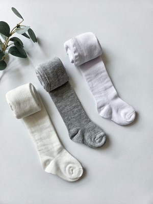 Panfilia Pamuklu Beyaz Gri Krem Külotlu Çorap 3'lü Set / Kız Erkek Bebek Çocuk