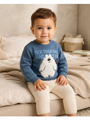 Tuffy Mavi Erkek Bebek Ayılı Sweatshirt Rahat Kesim ve Uzun Kollu