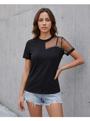 Defy Moda Kadın Kısa Kollu Tül Detaylı Taşlı Janjan Krep Bluz