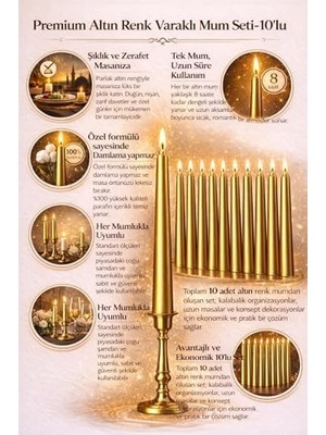 TeknoKapsül Gold Renk Ince Şamdan Mum Seti,25 cm Uzunluk,10’lu Paket, Dekoratif Taper, Şık Masa, Davet ve Özel Gün Dekorasyonu Için