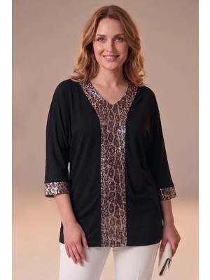 FullaModa Pullu Leopar Desenli Yarasa Kol Bluz