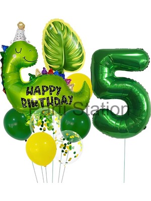 OEM Yeşil Dinozor Temalı 5 Yaş Folyo Balon Seti Doğum Günü Dekorasyonu