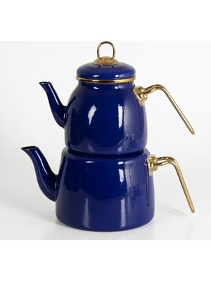 TeknoKapsül Içten Kaplamalı Emaye Çaydanlık Takımı - Gold Detaylı Nostaljik Alt Üst Çay Seti (1.2 Litre + 2 Litre) - 3 Renk Seçeneği (Mavi)