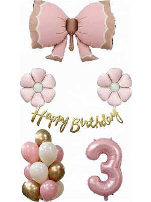 OEM Pembe Fiyonk Papatya Folyo Balonlu Doğum Günü Yaş Balon Seti, 3 Yaş