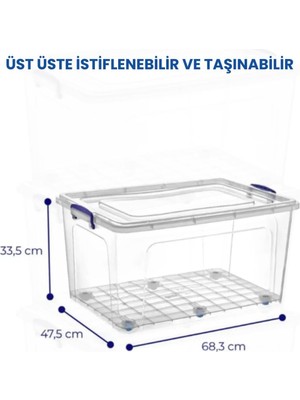 OEM 80 Lt Tekerlekli Şeffaf Saklama Kutusu Kilit Kapaklı Gıda Temasına Uygun Kıyafet ve Oyuncak Depolama Beyaz