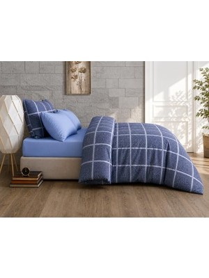 TeknoKapsül Lüks%80 Pamuklu Çift Kişilik Nevresim Takımı Seti Yorgan Kılıfı Mavi Lacivert Kare Beyaz Çizgi Desen 200X220 cm + Lastikli Battal Boy Çarşaf 180X200X30 cm +2 Yastık Kılıflı 50X70 cm