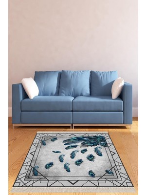 TeknoKapsül On The Clouds Kuş Tüyü Desenli Çerçeveli Dijital Baskı Yıkanabilir Kaymaz Taban Salon Halısı ve Yolluk (Mavi) MEG887MA, 160 x 300
