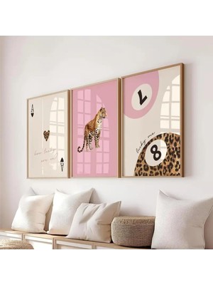 OEM 3'lü Leopar Bilardo Temalı Modern Yatak Odası Dekor Çerçevesiz Poster 20 x 30 Bej